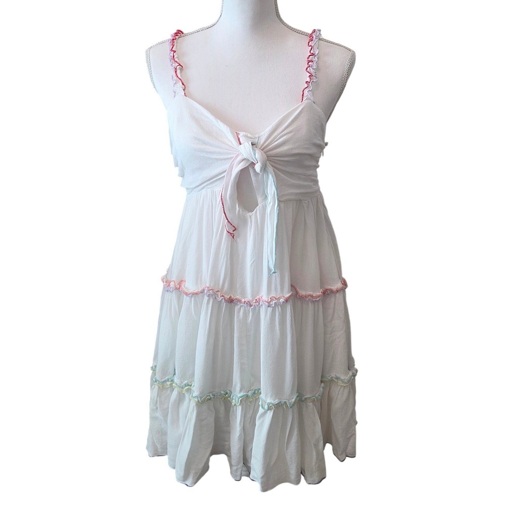 Impressions Mini Dress Rayon Linen Tiered Ruffle Smocked‎ White Rainbow Boho M